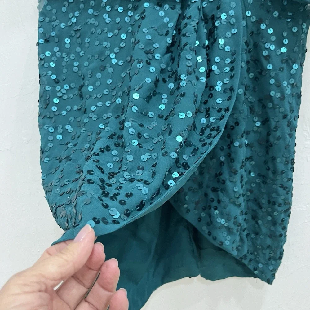 ASOS Sequin Mini Dress Women‎ Size 4 Teal Excellent Deep V-Neck Wrap Cocktail
